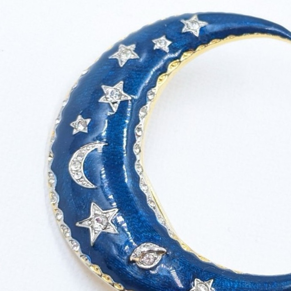 Blue Crescent Moon Brooch Saturn Stars Midnight Celestial Enamel